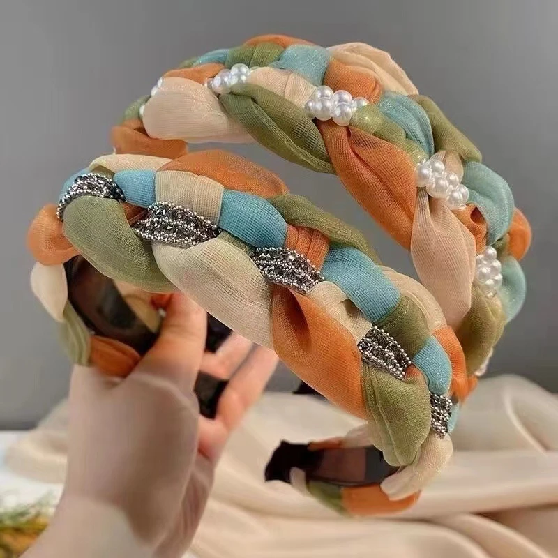 夏季小清新新款手工编织发箍发饰复古三色宽版提花百搭发箍发饰