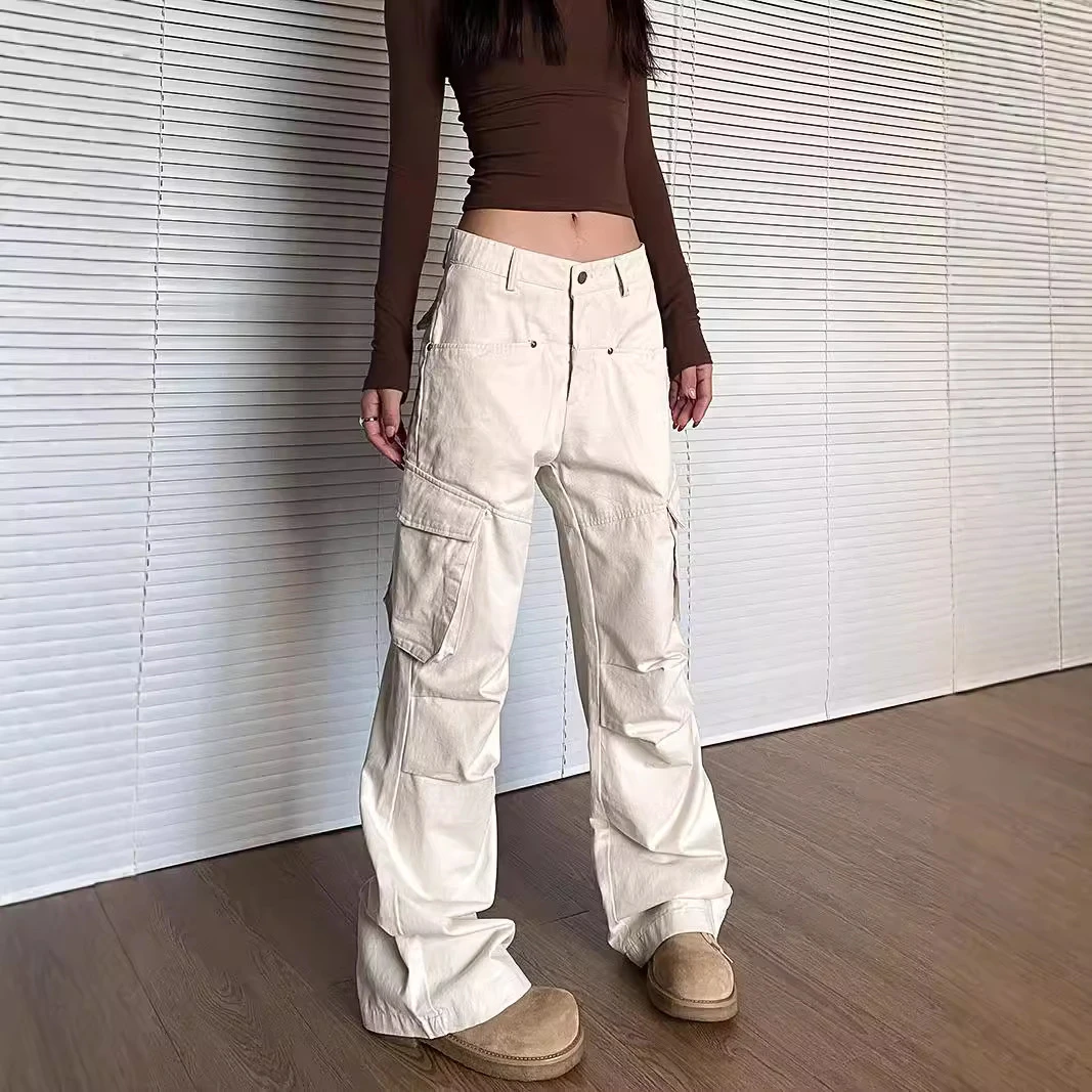 美式复古米白色多口袋工装裤女秋季新款街头宽松休闲褶皱直筒裤子