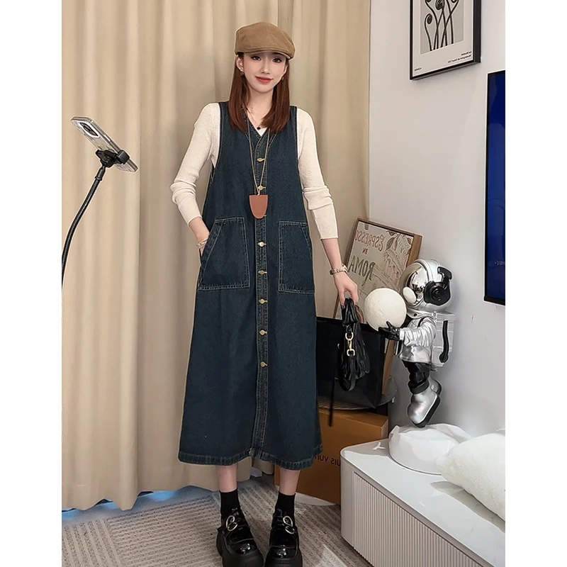 牛仔背心连衣裙套装女春秋韩系穿搭高级感宽松遮肉显瘦长裙两件套