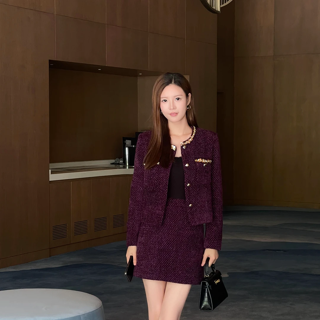 慧慧【微醺葡萄】紫色贵气感名媛小香风两件套套装女省心穿搭