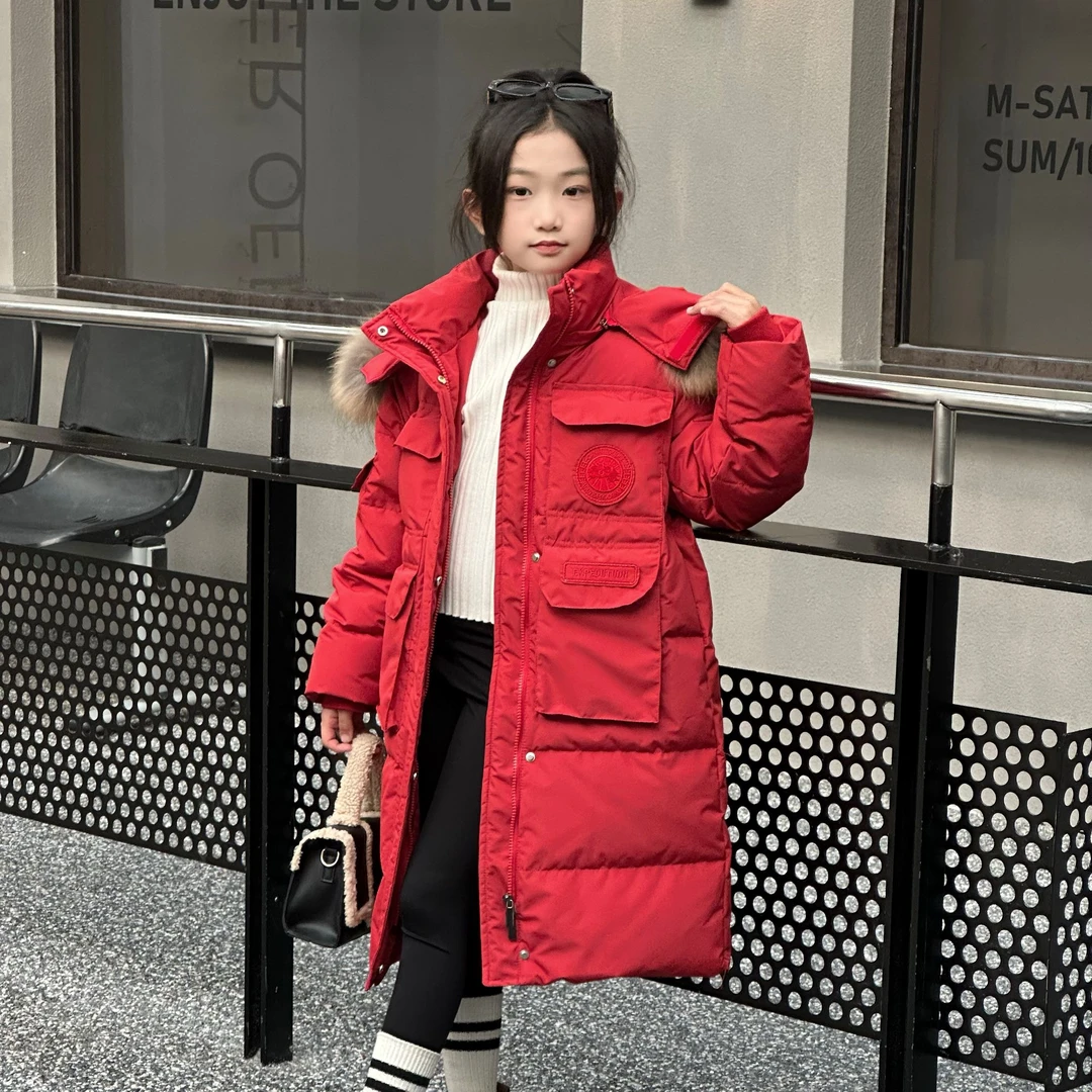 女童长款派克服羽绒服外套白鸭绒2024冬装新款中大童装加厚上衣