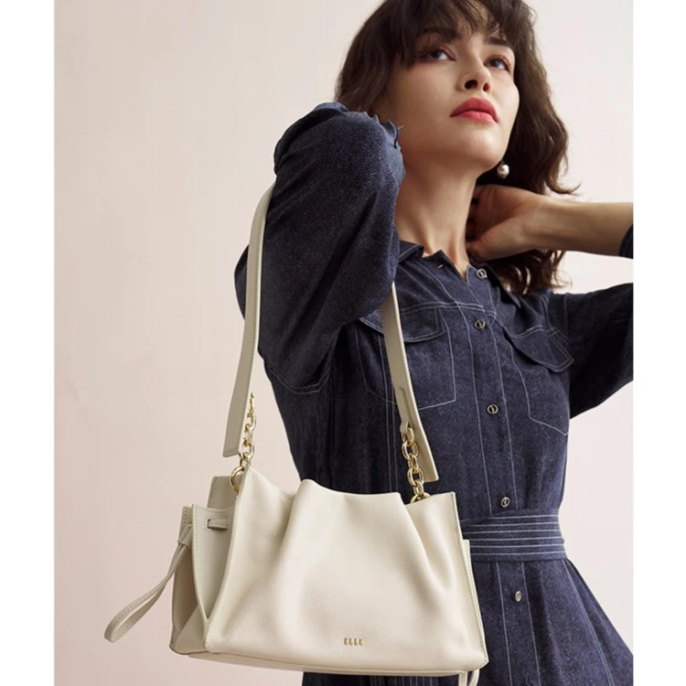ELLE时尚百搭软牛皮头层黑白色真皮腋下手提包斜挎单肩包23174