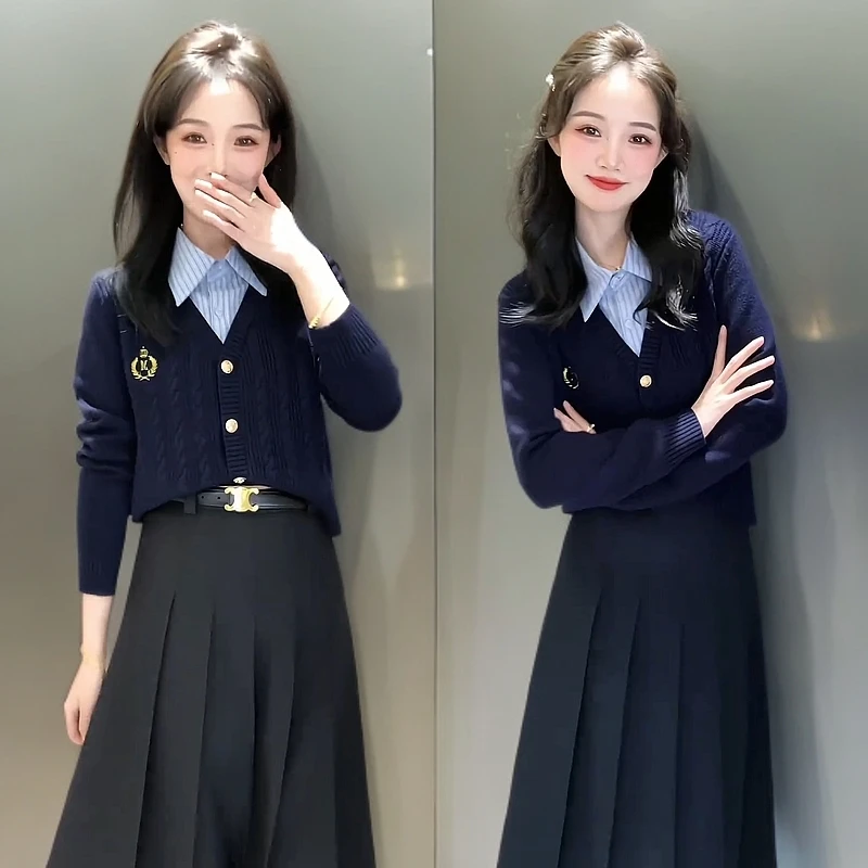 秋冬季穿搭一整套百搭金标假两件针织毛衣女西装百褶半身裙两件套