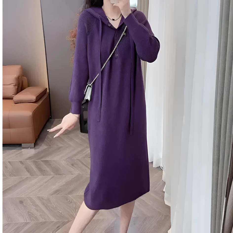 时尚针织连帽连衣裙女2024秋季新款减龄气质宽松遮肚显瘦长袖裙子