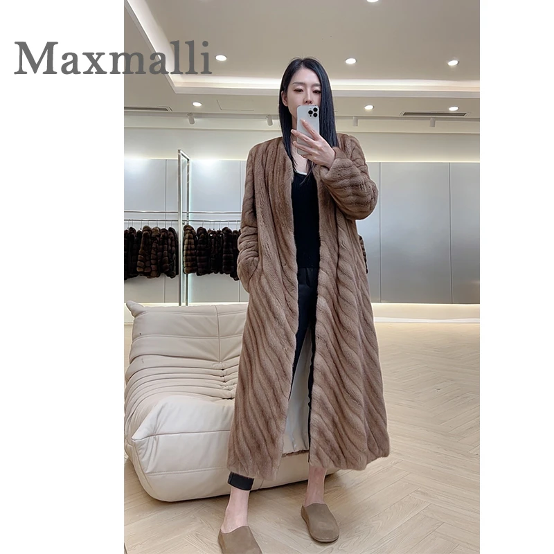 【 Maxmalli 】 M2318 冬抽刀新款V领修身中长款水貂毛貂皮草外套女