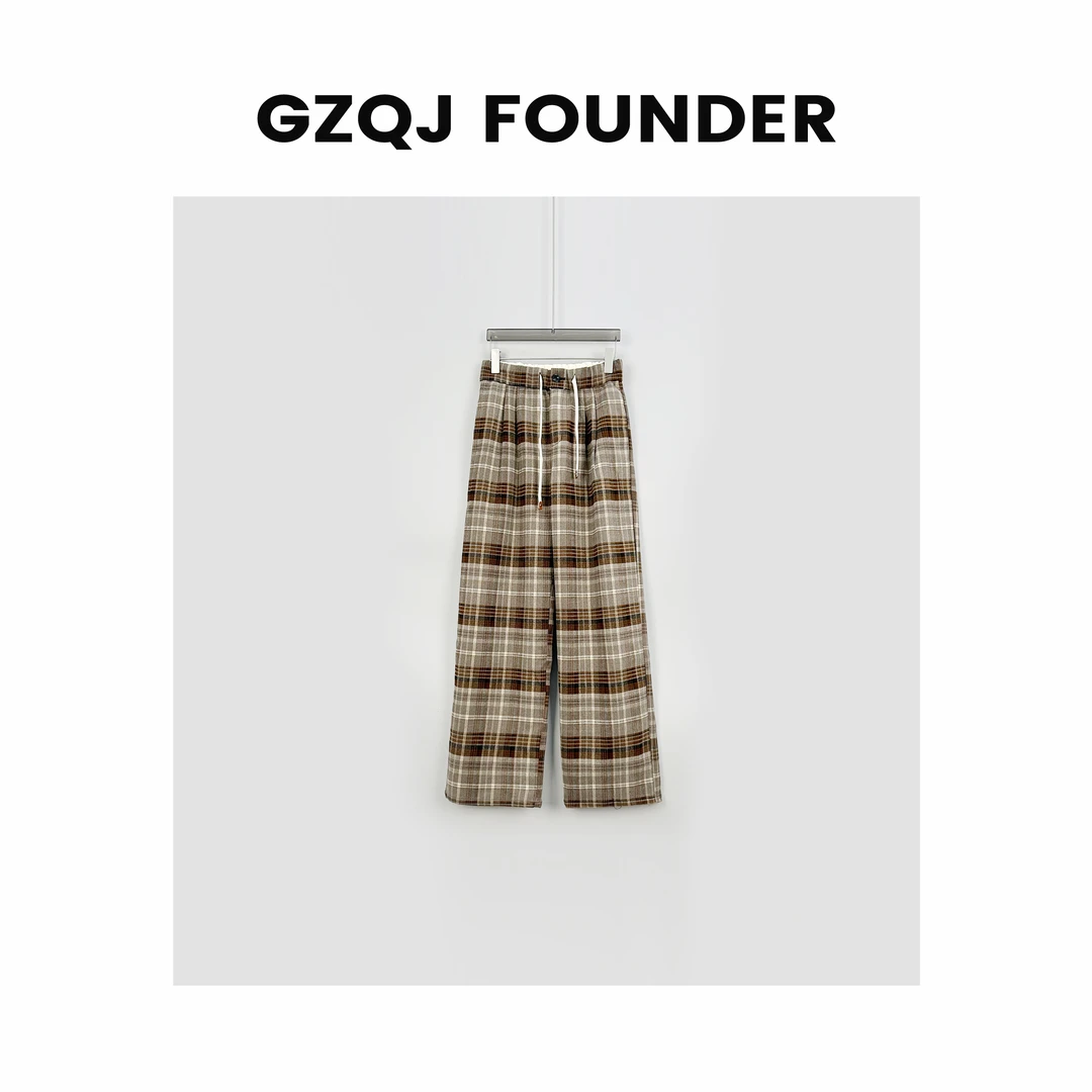 广州琴姐【比例分割线】设计感高腰格子经典百搭阔腿休闲裤女00640