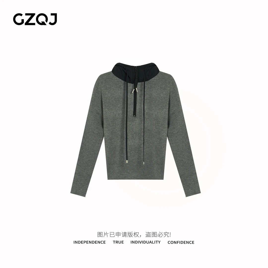 广州琴姐【随性切换】半拉链撞色连帽套头长袖针织帽衫毛衣女15104