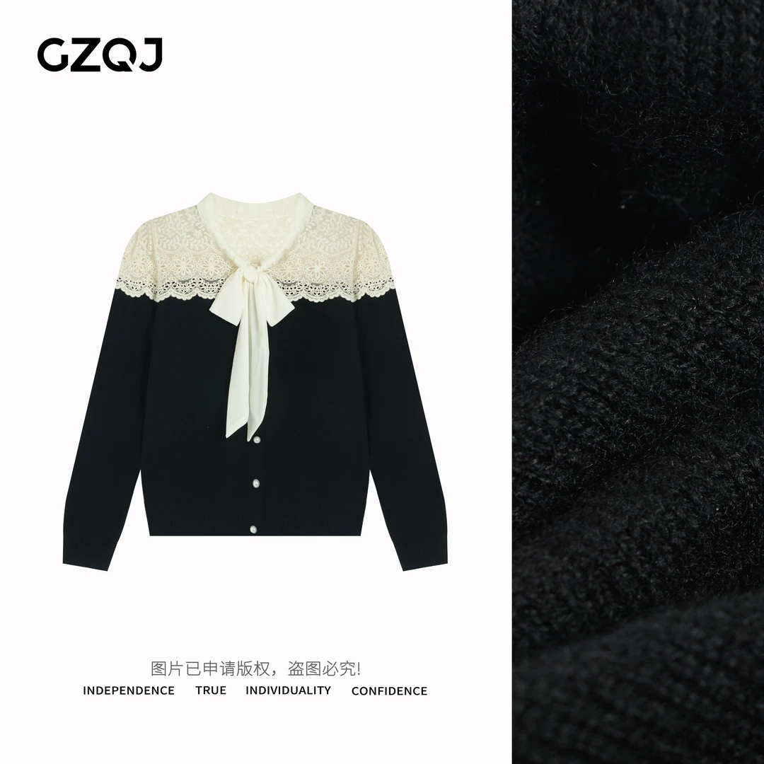 广州琴姐【尊享丝滑】气质百搭蕾丝拼接蝴蝶结长袖针织衫毛衣女0872
