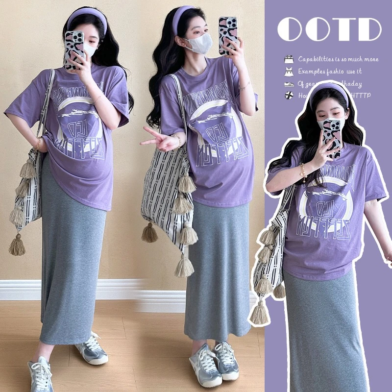 孕妇装2024夏季新款韩版时尚字母上衣气质孕妇半身裙两件套夏装