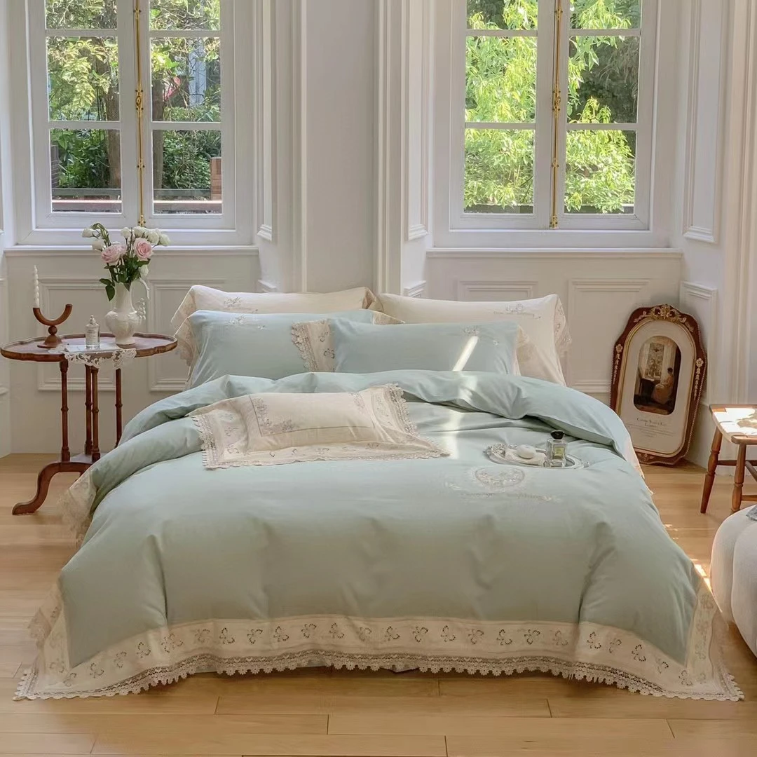 新法式轻奢160支长绒棉磨毛精工刺绣四件套绣花花边公主风小清新