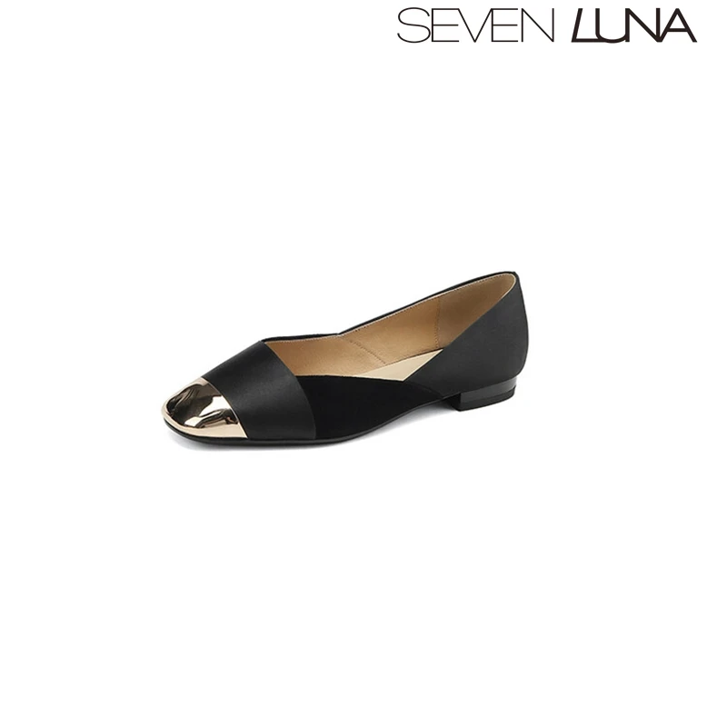 SEVENLUNA国内正品2023秋拼接金属头百搭舒适平底单鞋女SLNJ681