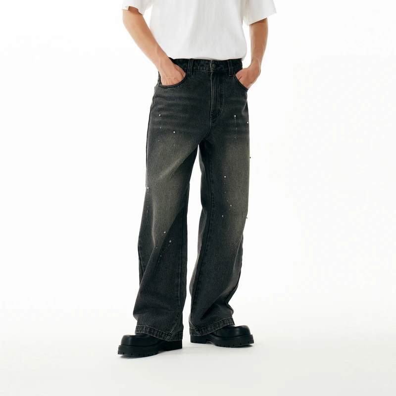 【INXX】潮牌美式vintage手缝钻水洗直筒牛仔长裤男女款APE4221323