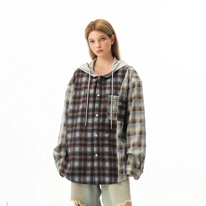 【交个朋友专属】【INXX】不对称格子衬衫针织连帽长袖上衣XRF1040541