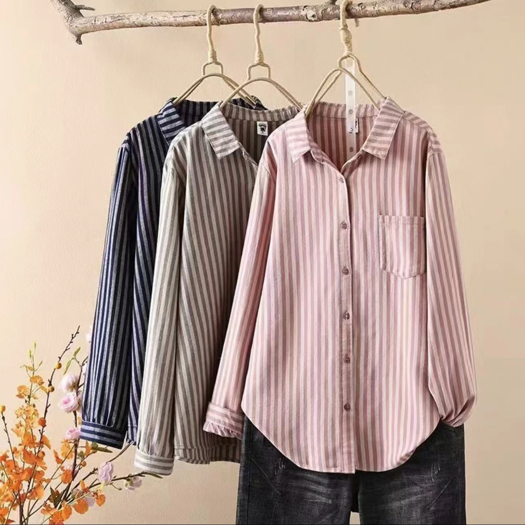秋冬季新款纯棉条纹吸汗透气双层棉纱衬衫女休闲显瘦减龄上衣衬衫