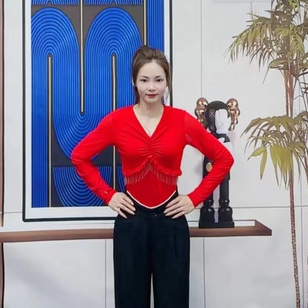 欢舞阁气质女士V领摩登双人舞吉特巴广场舞时尚长袖舞衣A0610