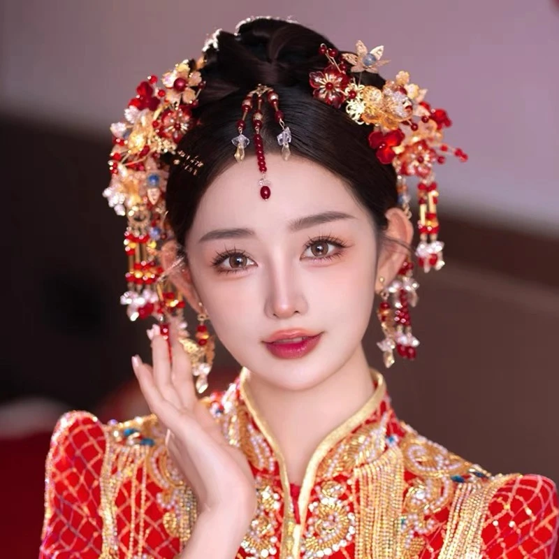 2025新款中式头饰新娘红金色琉璃水晶珠百搭秀禾服婚礼龙凤褂发饰