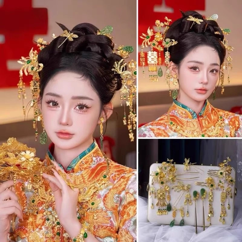 金绿色中式新娘秀禾服头饰减龄古风汉服龙凤褂结婚古装婚礼发饰