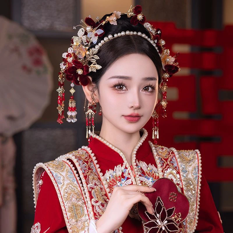 8640婚嫁饰品新娘新款仙女冠绒花款红色大气公主复古秀禾气质百搭