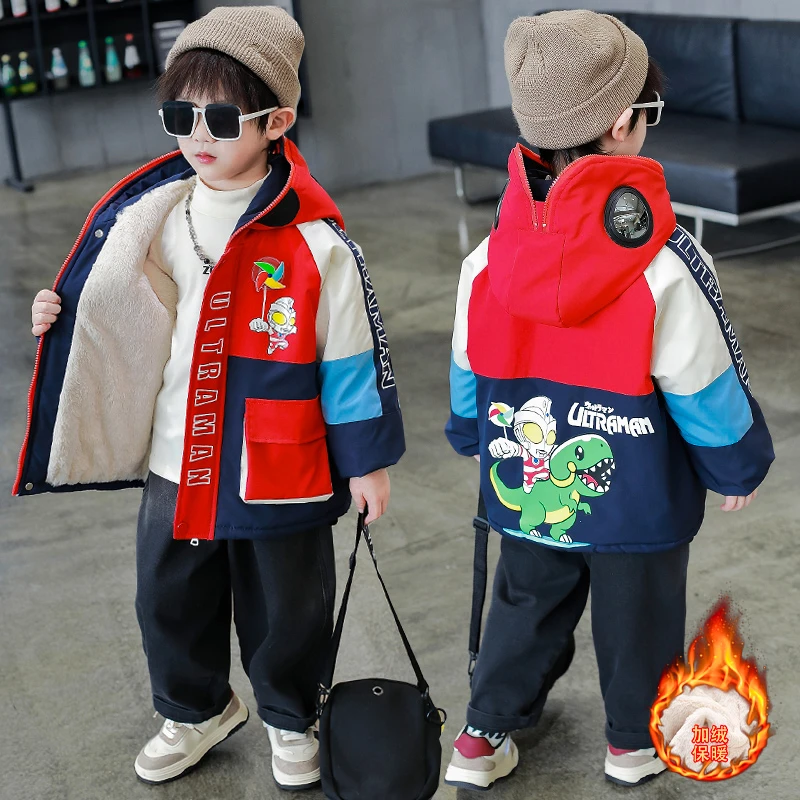 男童奥特曼衣服加绒外套2024新款儿童棉服冲锋衣棉衣加厚宝宝上衣