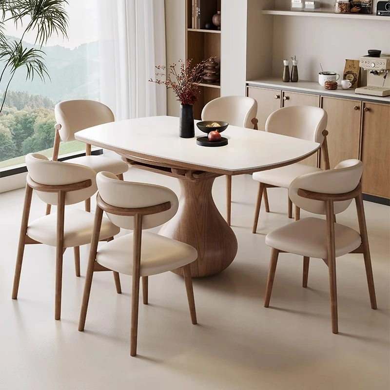 实木岩板餐桌高端小户型家用方圆两用多功能侘寂风餐桌椅组合桌子