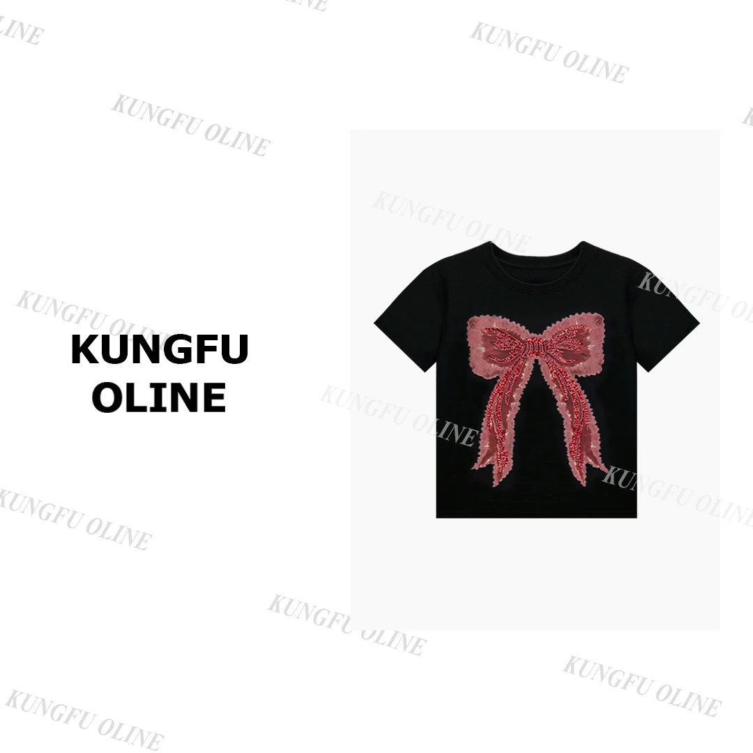 【小妖】T6095蝴蝶结设计感圆领短袖T恤女好看百搭上衣