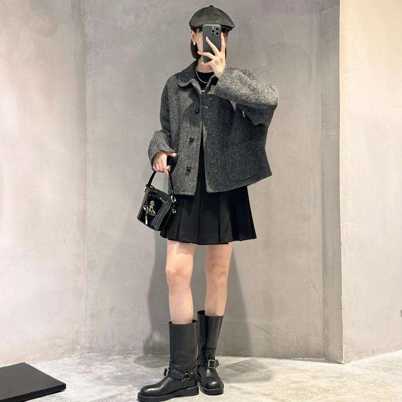 双面羊绒大衣女士小个子翻领女韩系短款廓形立体显高羊毛呢子外套