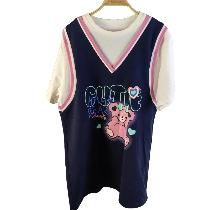 巴拉女童嘻哈假两件宽松t恤衫