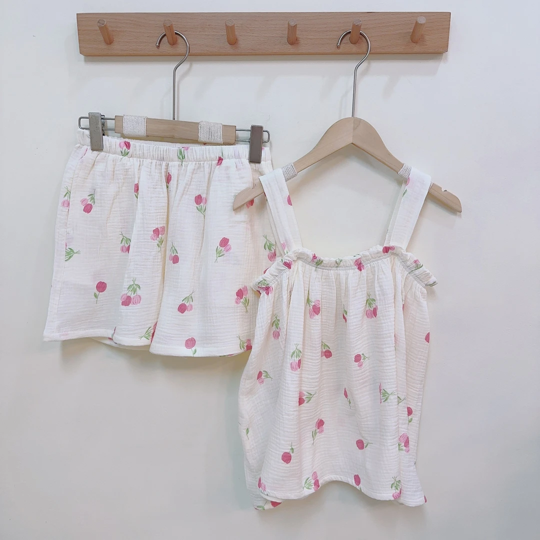 1清~A类双层纱100棉吊带+短裤 夏天清凉套装棉纱睡衣套装