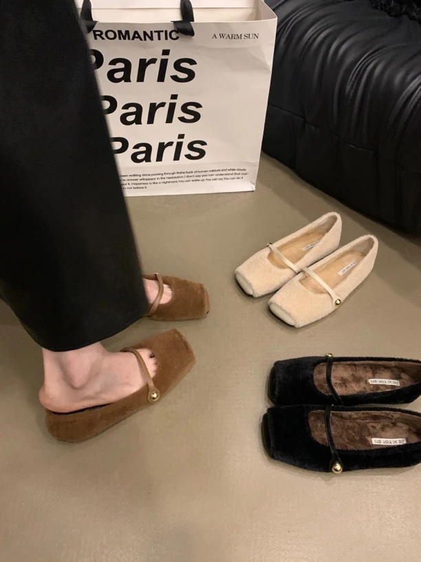 法式晚风气质玛丽珍鞋新款温柔仙女毛毛鞋女冬外穿平底加绒棉单鞋