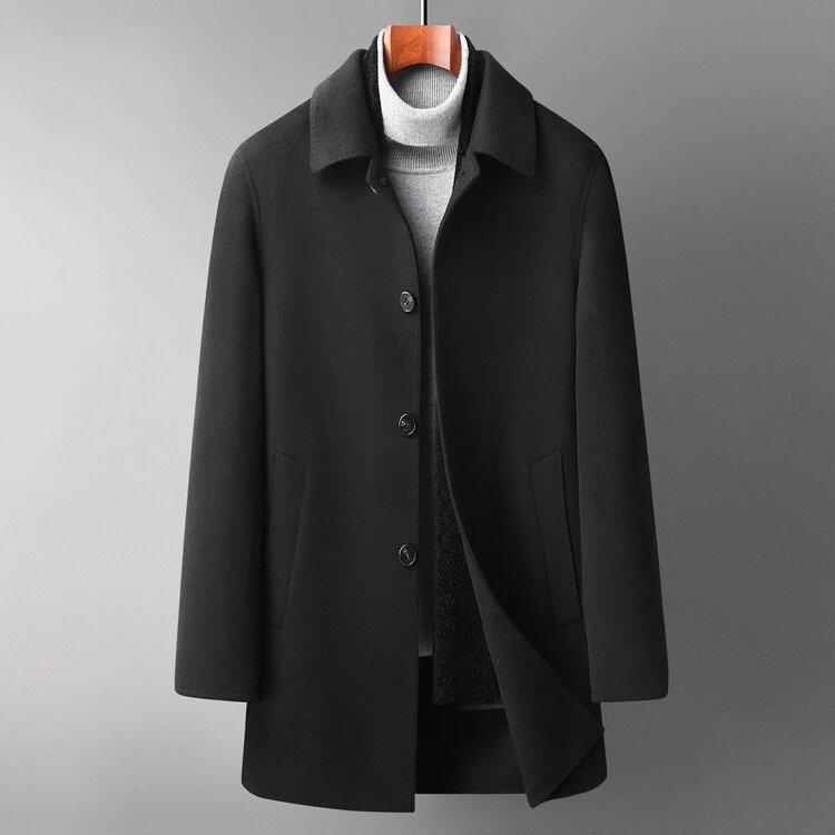 山羊绒男装毛呢中老年羽绒羊毛外套商务翻领中长款
