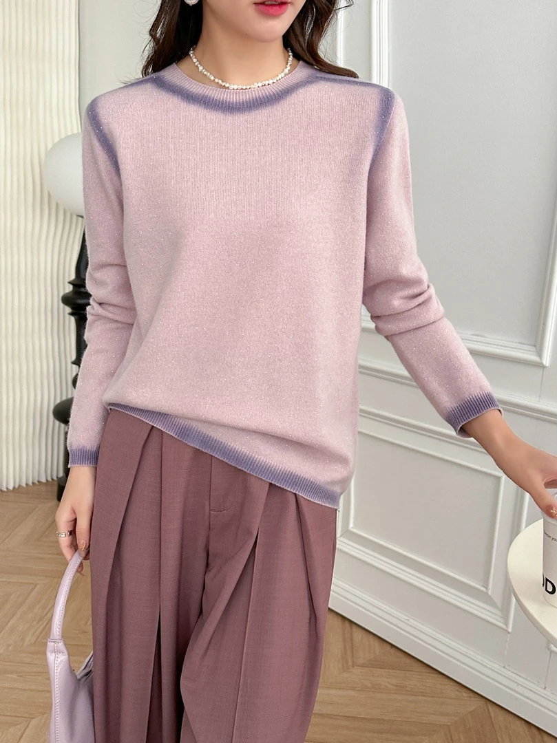 【羊毛新款】喷染镶钻满天星设计款圆领羊毛衫女秋冬洋气时尚气质