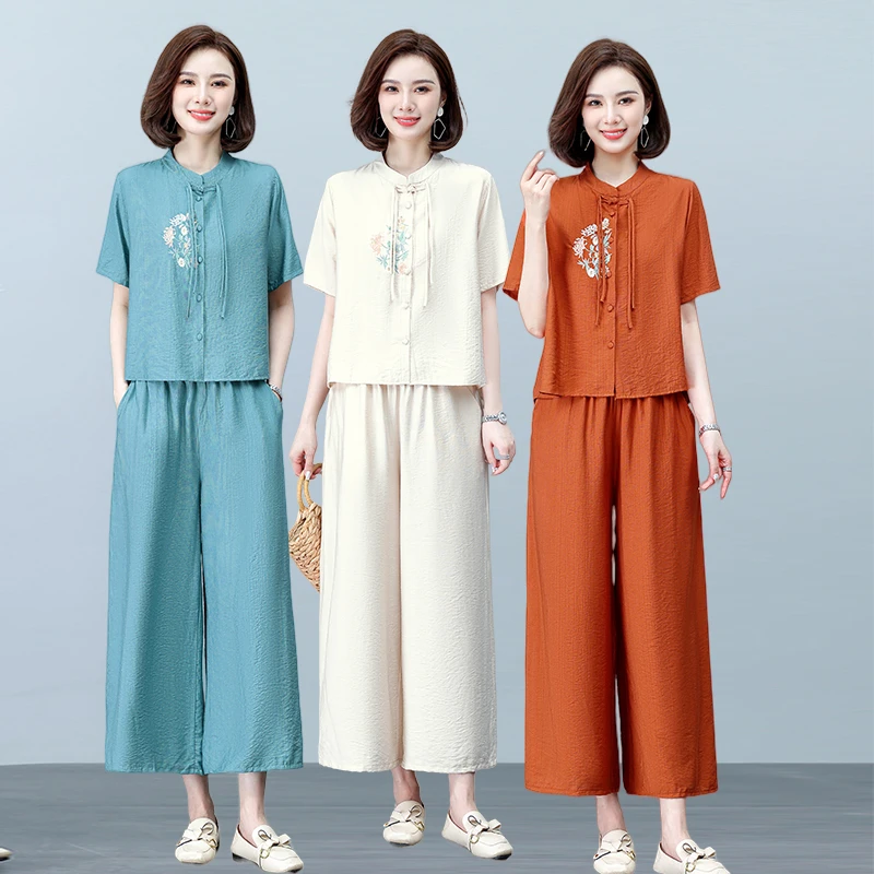 夏季优雅气质妈妈套装时尚阔腿裤洋气国风民族风中国风宽松显瘦