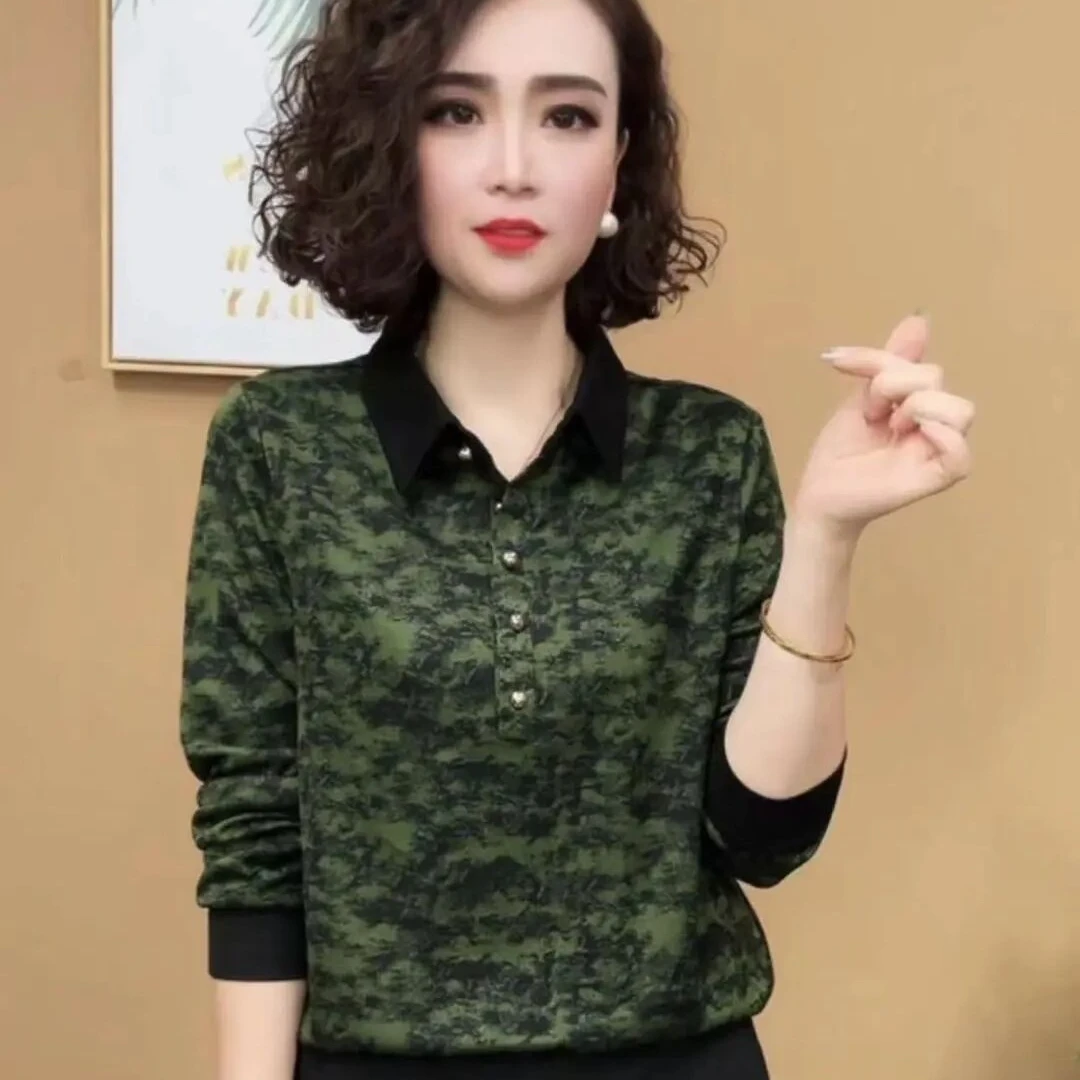 新款潮女冰丝碎花上衣秋款显瘦洋气妈妈装百搭大码宽松肚子大版衫