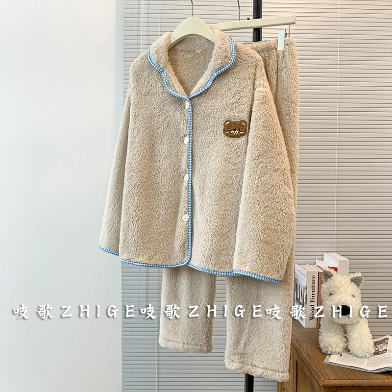 小熊法兰绒睡衣女士秋冬季大码加厚珊瑚绒家居服套装冬天款高级感