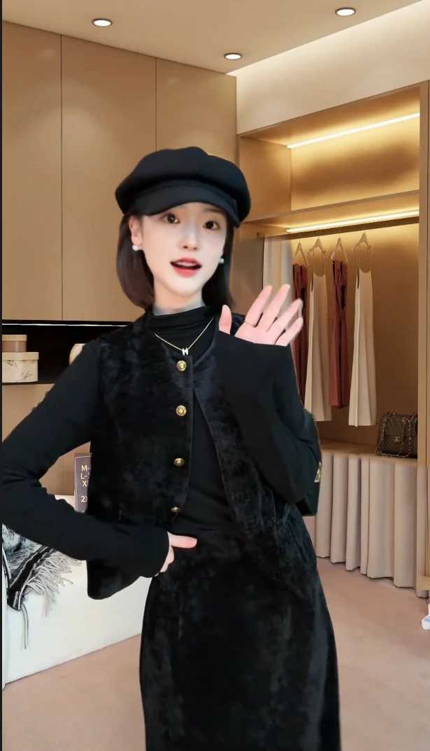 气质小香风马甲+打底衫+半身裙三件套装显瘦小个子秋冬新款女装