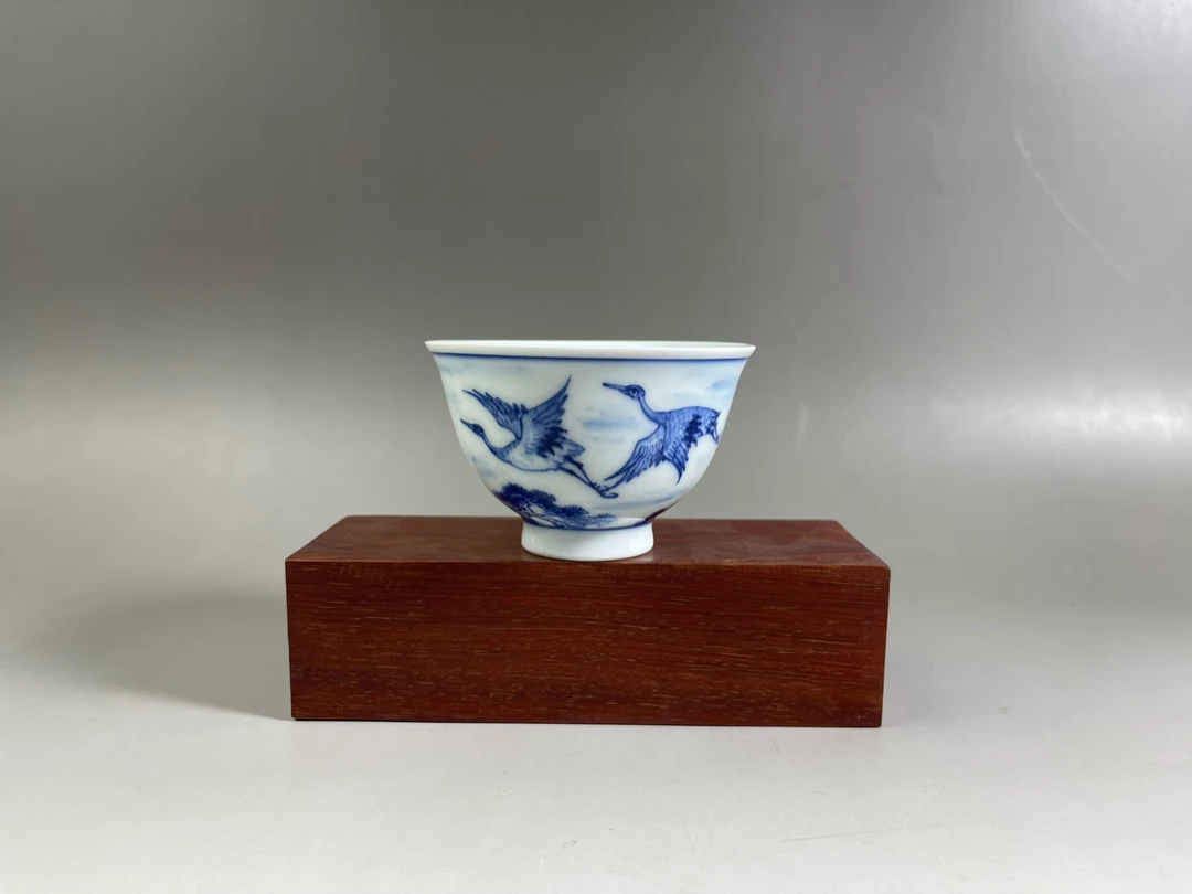 晓芳窑 青花松鹤 玉茗杯