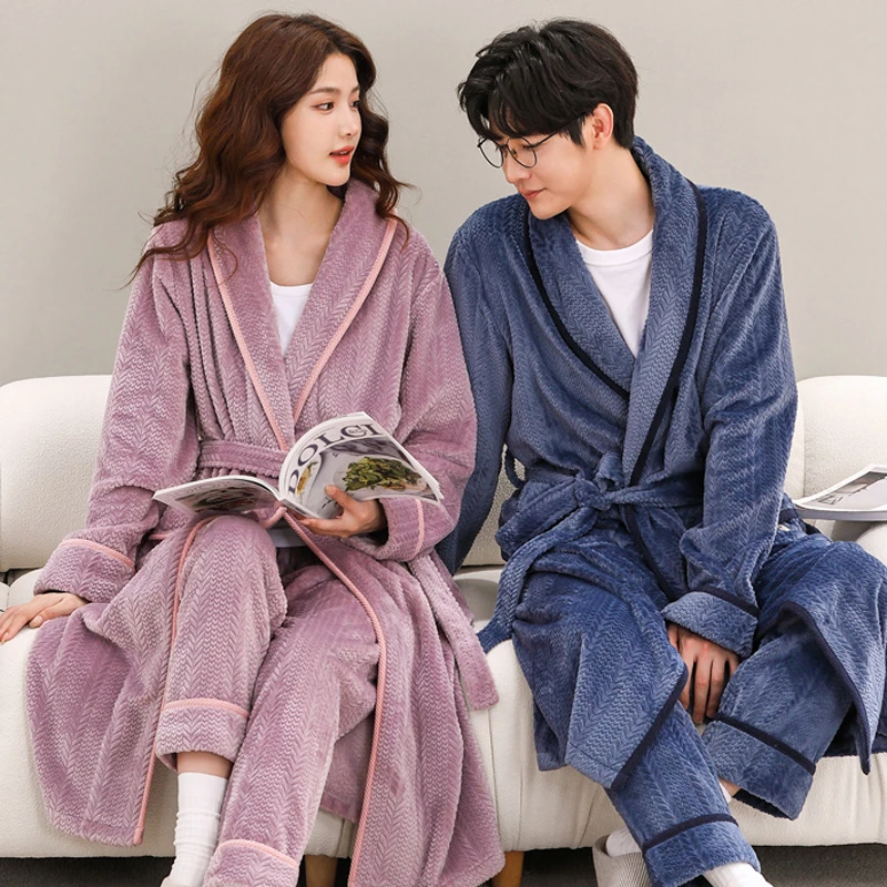 睡袍女冬加厚长款法兰绒睡衣男士秋冬季大码珊瑚绒浴袍加绒家居服
