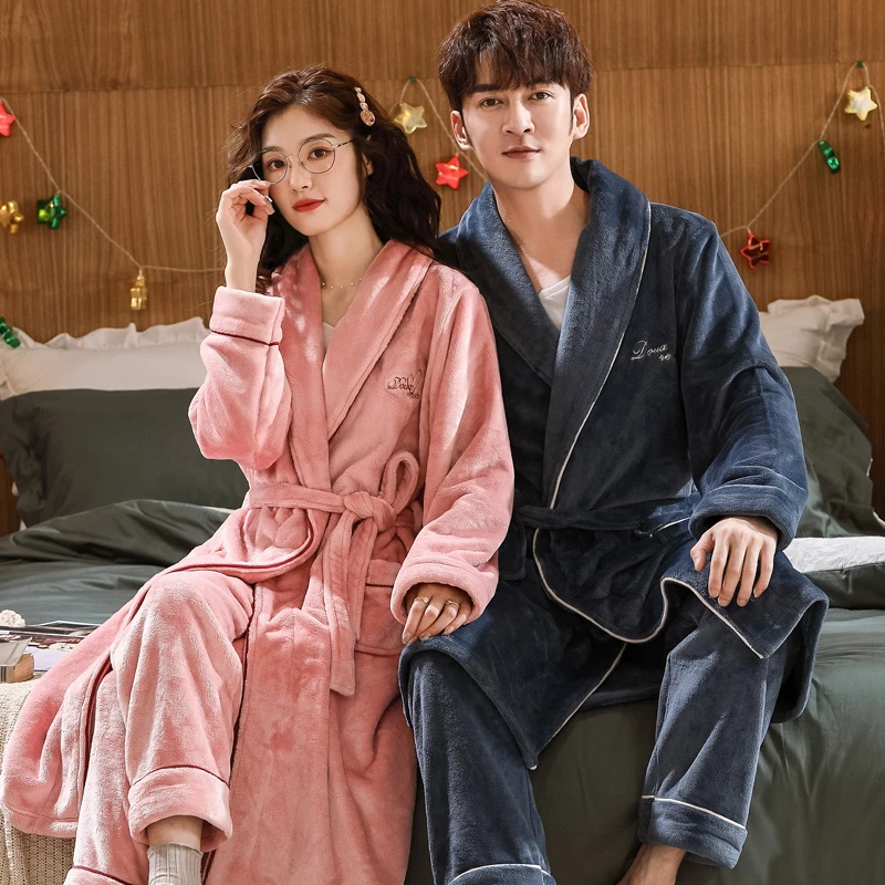 睡袍女冬加厚珊瑚绒情侣浴袍男法兰绒睡衣女长款女款大码家居服