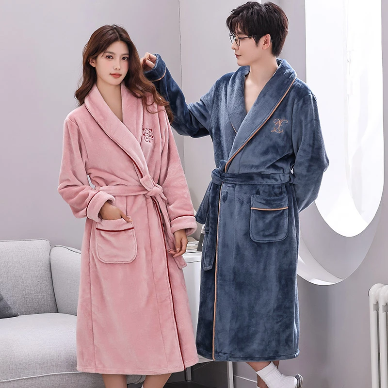 睡袍女冬季加绒加厚珊瑚绒浴袍男秋冬天法兰绒长款睡衣大码家居服