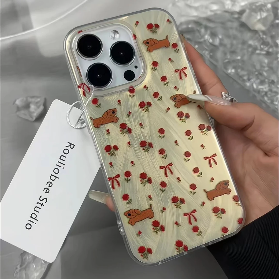 玫瑰腊肠狗羽纱壳适用苹果15手机壳iPhone13/14promax新款12/11软