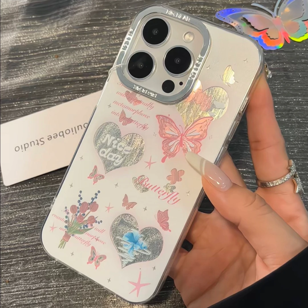 花朵蝴蝶金属羽纱适用苹果15手机壳iPhone13/14promax新款12/11软