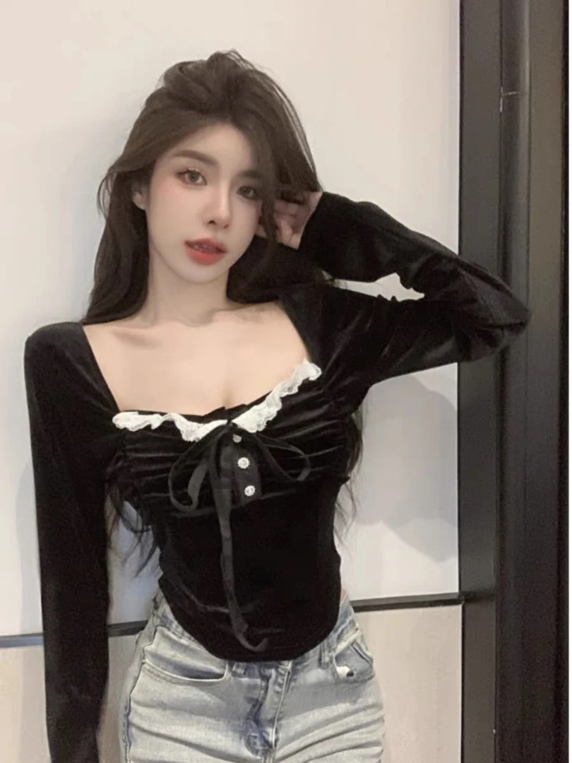 现【复古oni~】微胖mm性感黑色丝绒蕾丝新款法式心机方领上衣+裙子