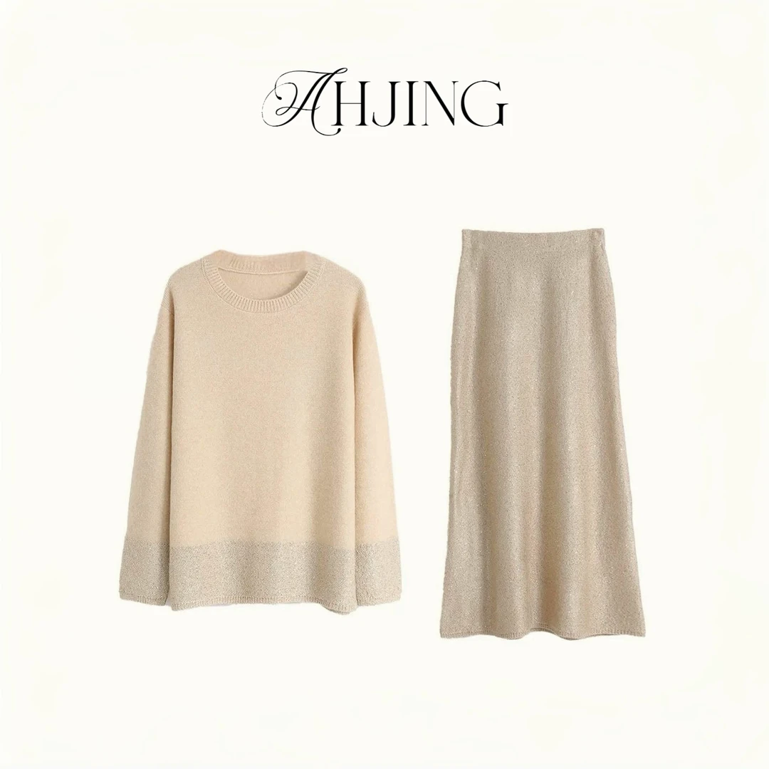 梓静 法式松弛气质女人羊绒特种纱闪耀针织套头衫+鱼尾长裙0044