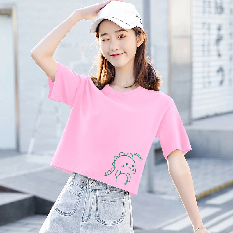 小个子高腰通勤百搭短袖T恤女宽松简约ins显瘦显高半袖短款上衣女