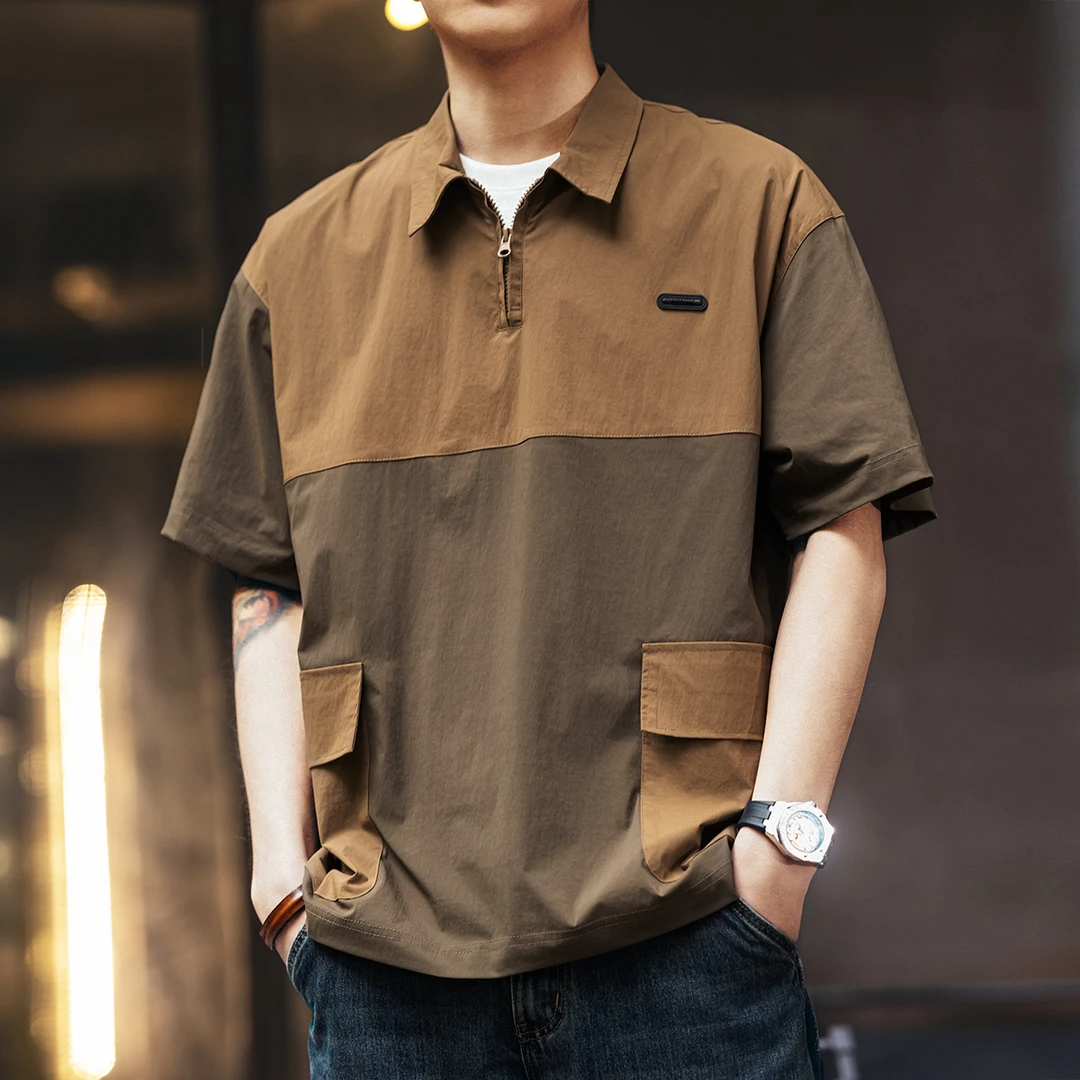 格蓝鹿美式复古撞色拼接速干工装半拉链Polo衫男夏季宽松短袖衬衣