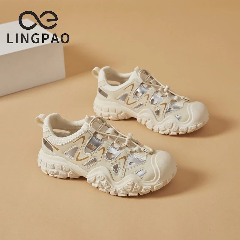 领跑真皮镂空户外健步休闲女鞋2025秋季新款透气软底百搭校园轻便