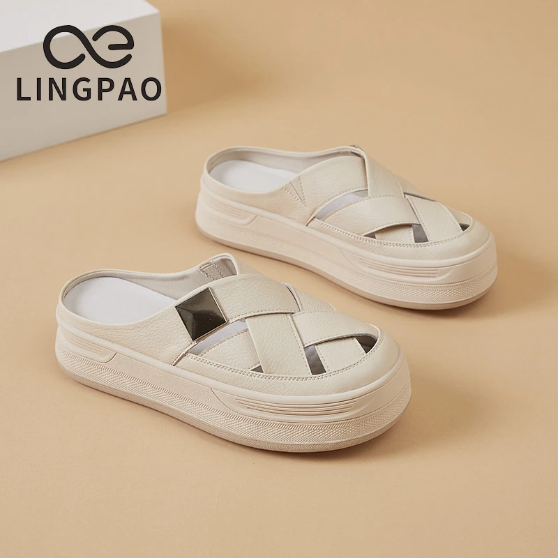 领跑高跟真皮镂空半托凉鞋白鞋女鞋包头半拖鞋女夏外穿厚底罗马