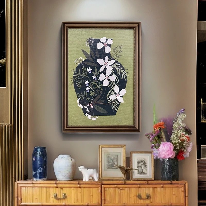 s58中古风客厅装饰画法式复古小众玄关背景墙挂画高级感绿色壁画
