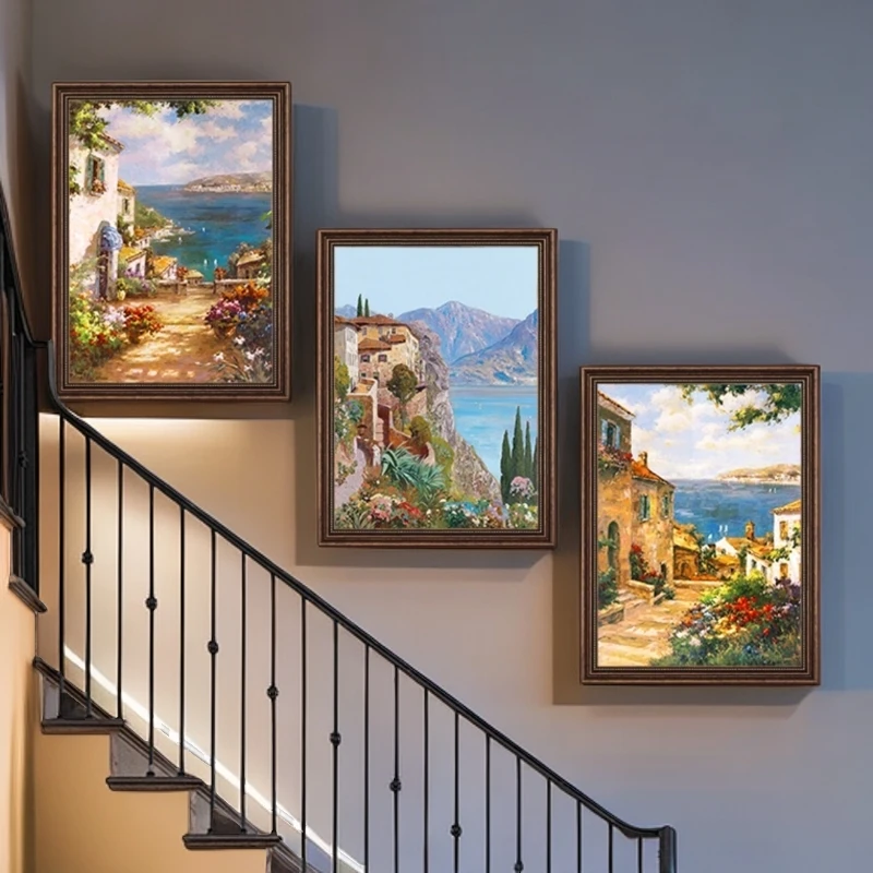 916楼梯道挂画别墅楼梯装饰画肌理油画村壁画复式转角走廊三联画