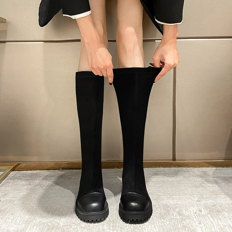 长筒靴女小个子不过膝2023新款秋冬季中筒加绒长靴内增高弹力高筒